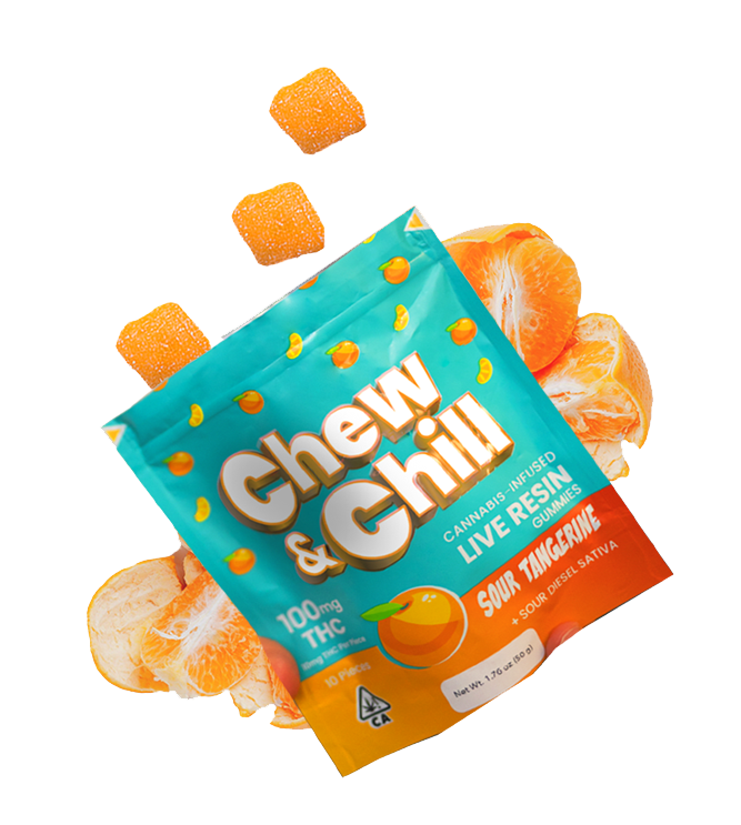 Chew and Chill live resin eddibles Vibe By California Cannabis Dispensary 420 weed near me package Image