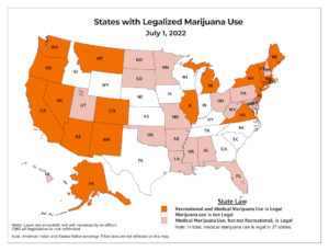 A Map that shows where Cannabis Legalization is in effect in America. Currently 19 States consider marijuana use for medicinal or recreational purposes legal.
