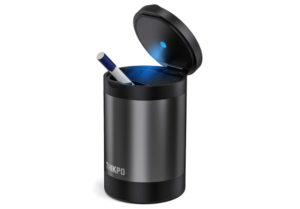 THIKPO Car Ashtray with Lid, Portable Ashtray for Car, Mini Car Trash Can, Detachable Stainless Steel Smokeless Ash Tray with LED Blue Light, Windproof for Outdoor Travel