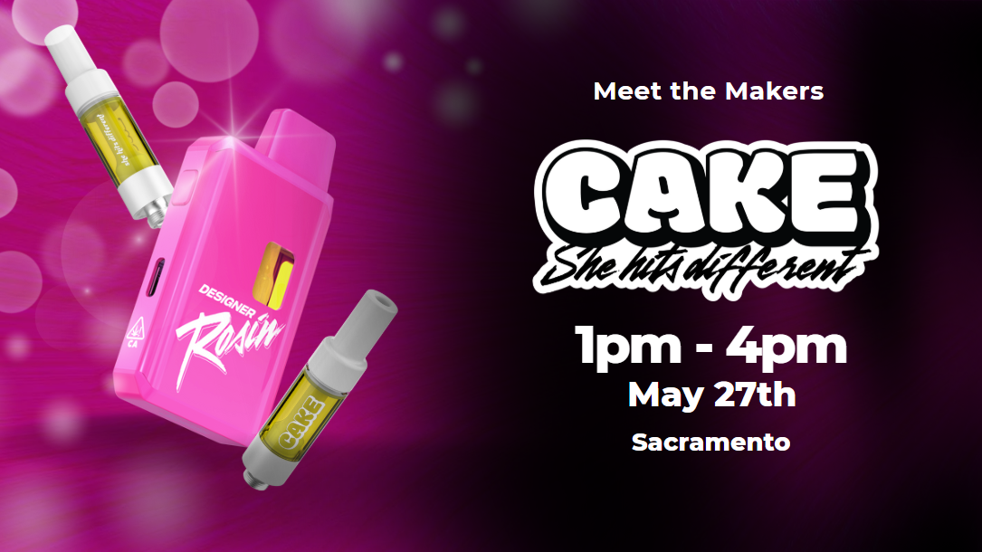 Pink CAKE Designer Distillate disposable cannabis vape pen, labeled "Designer Distillate CAKE She hits different," available at Vibe by California dispensaries