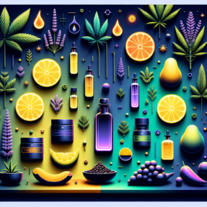 Stockton Weed Dispensary 33 Colorful illustration of aromatic plants and fruits that share terpenes with cannabis including lemons, lavender, pine, mango, and peppercorns arranged in a vibrant display